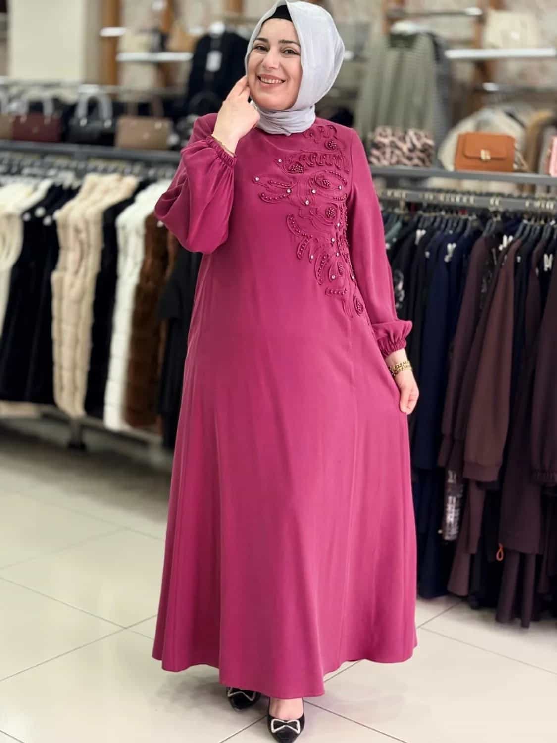 JUKİ OMUZ İŞLEMELİ TENCEL ELBİSE